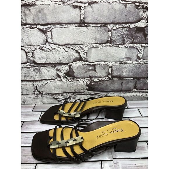 Taryn Rose Brown Leather Stone Slides Strap Heel Sandals Women Sz 38EU/7.5M US - Picture 12 of 16